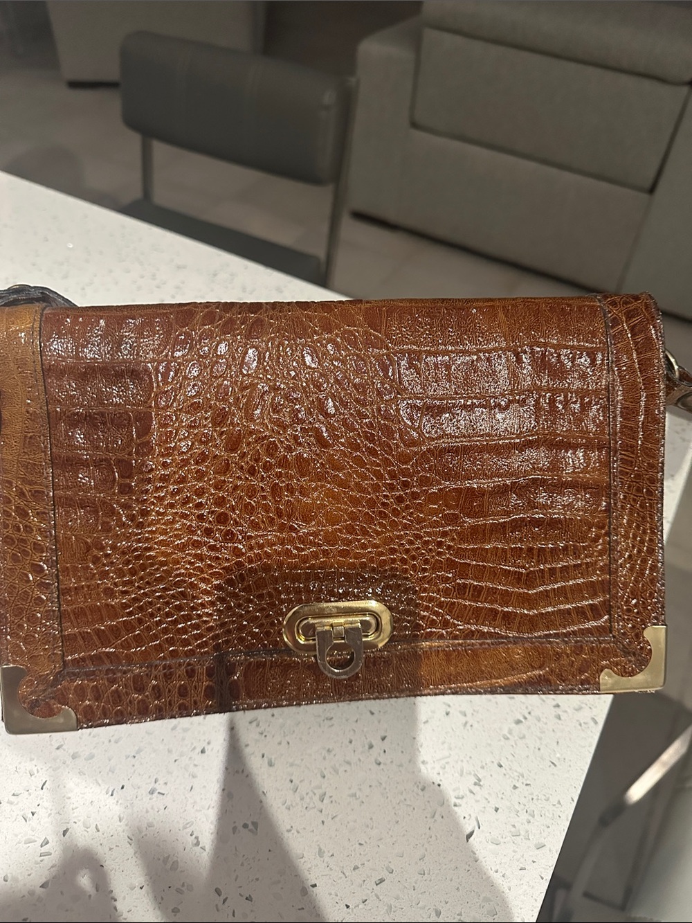 Brown Croc-Texture Leather Crossbody Bag with Gold Hardware